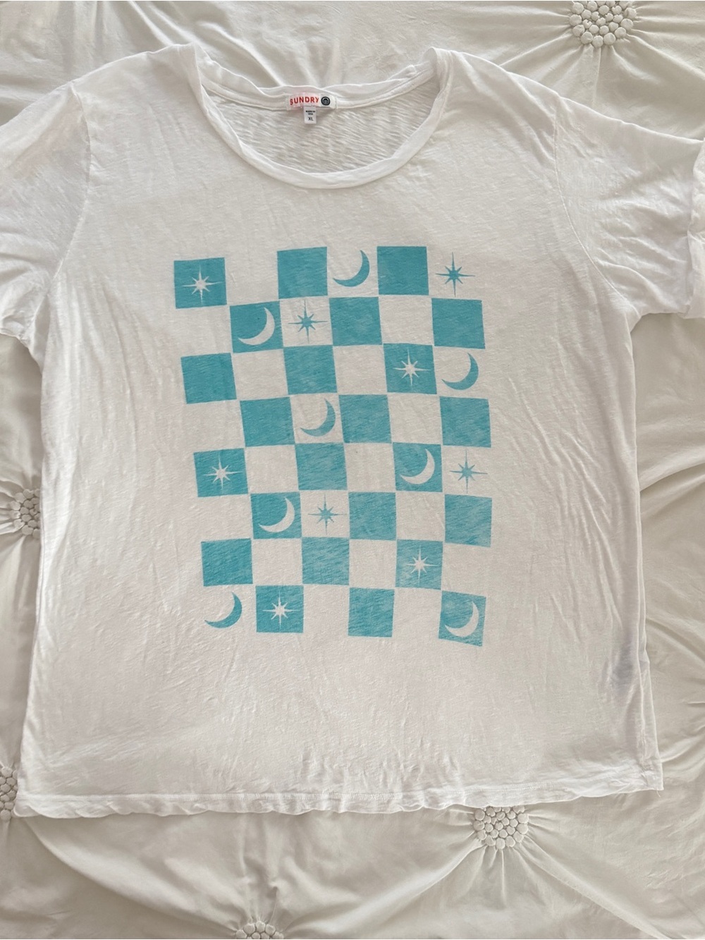 Sundry White Tee with Turquoise Moon & Star Checkerboard Graphic